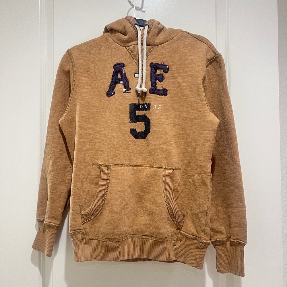 American Eagle Heavyweight Hoodie S Tan Waffle Lined Vintage Fit 90s Y2K Preppy